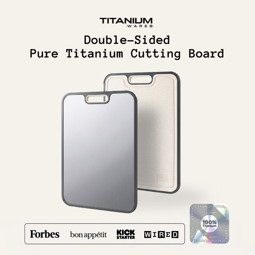 Double-sided titanium cutting board with a titanium side and a wheat straw side