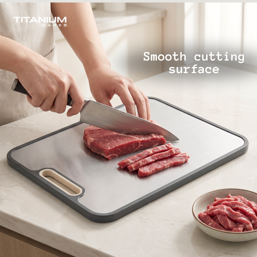 Slicing beef on the smooth titanium cutting surface