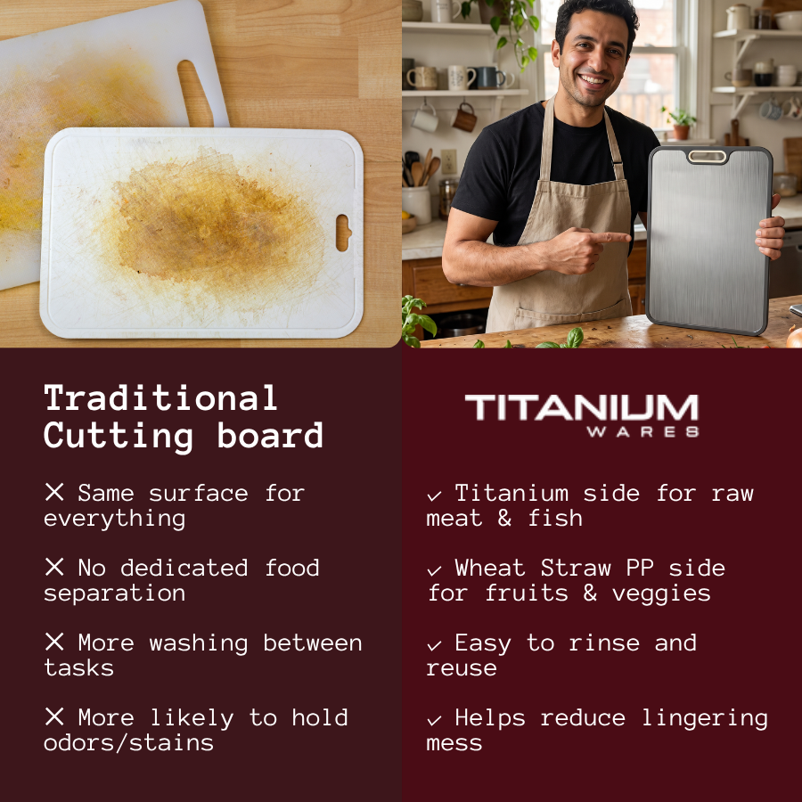 Stained plastic cutting board vs Titanium Wares double-sided titanium cutting board