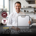 Chef holding the double-sided titanium cutting board