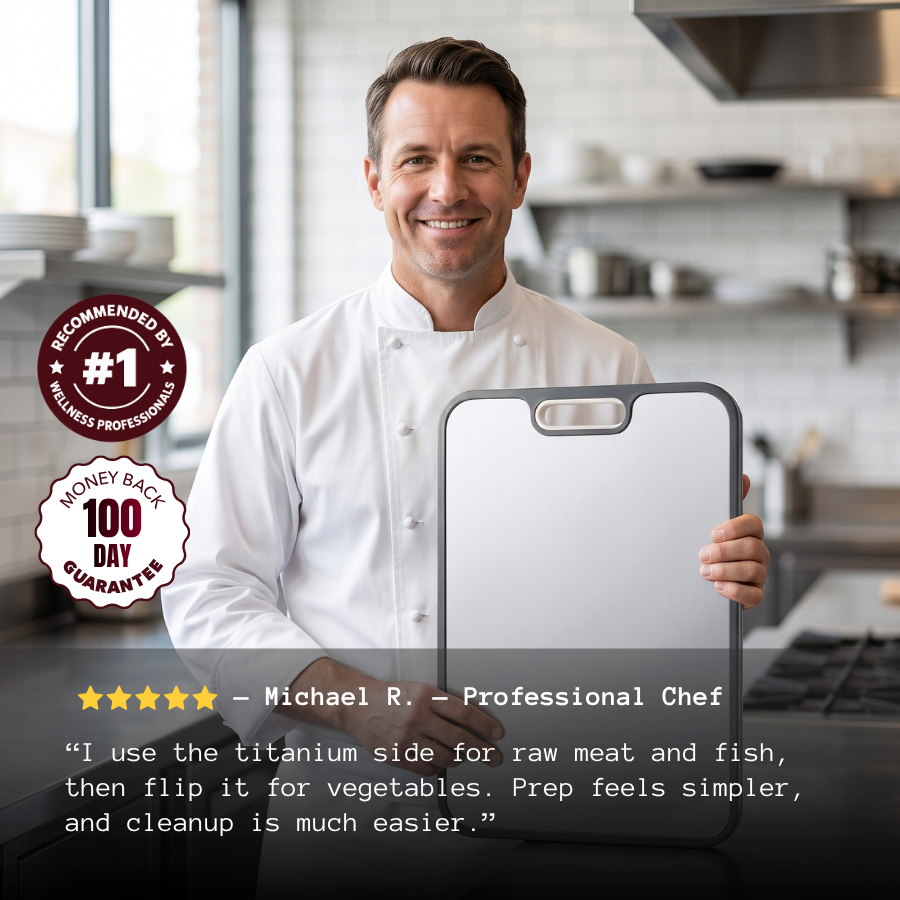 Chef holding the double-sided titanium cutting board