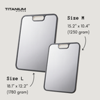Double-sided titanium cutting board sizes: M 15.2 x 10.4 in (1,230 g) and L 18.1 x 12.2 in (1,780 g)