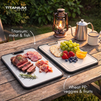 Steak and cured meats on the titanium side, fruit on the wheat straw side of the cutting board
