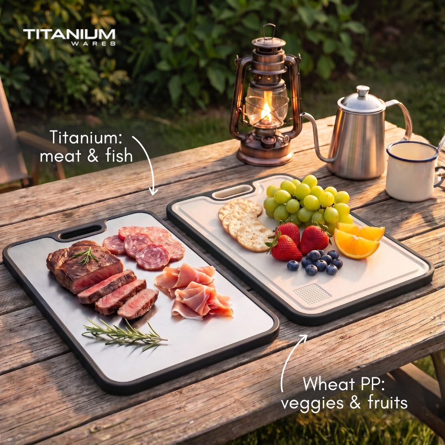 Steak and cured meats on the titanium side, fruit on the wheat straw side of the cutting board