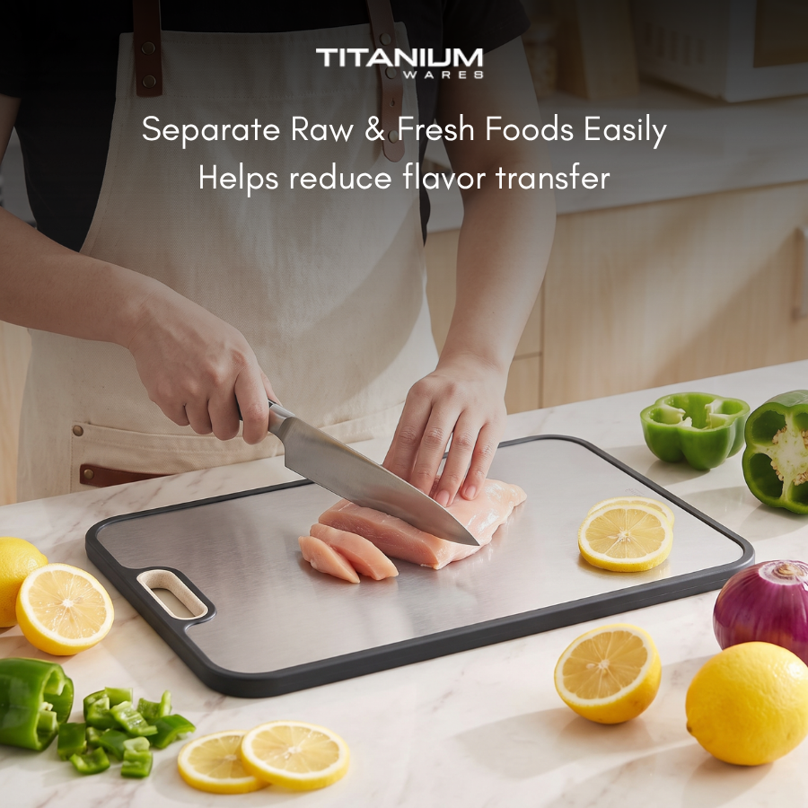 Slicing raw chicken on the titanium side of the double-sided cutting board