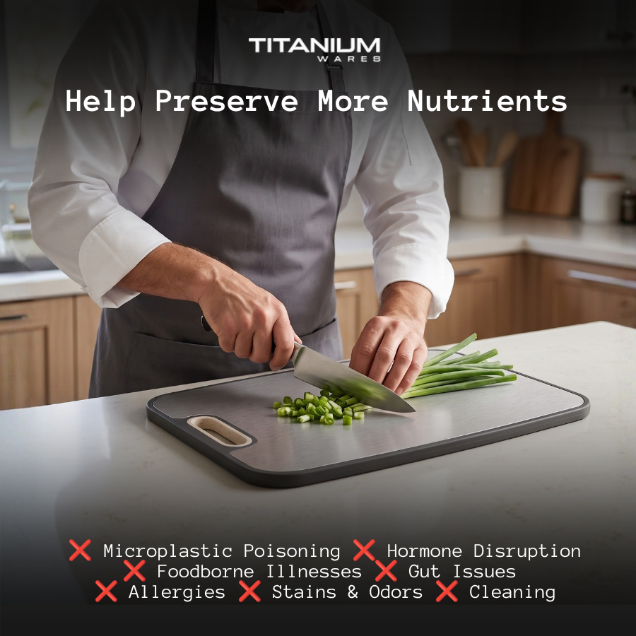 Chef chopping green onions on the titanium cutting board
