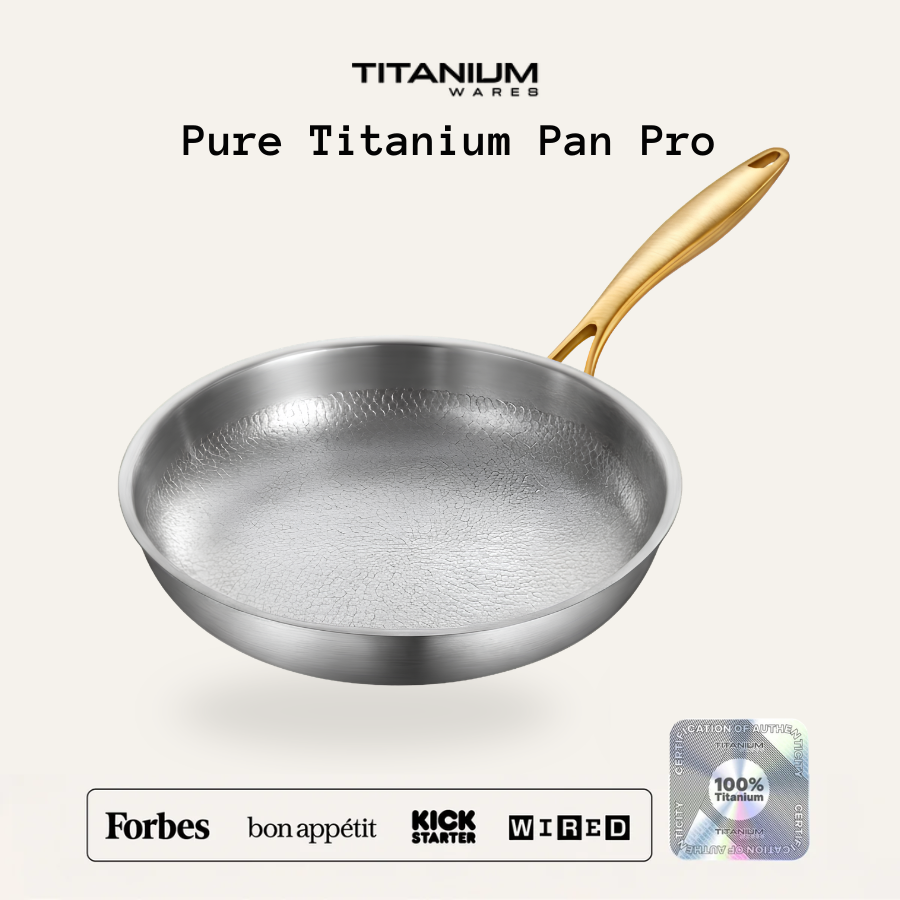 Titanium Wares Pure Titanium Frying Pan Pro with gold handle on a white background