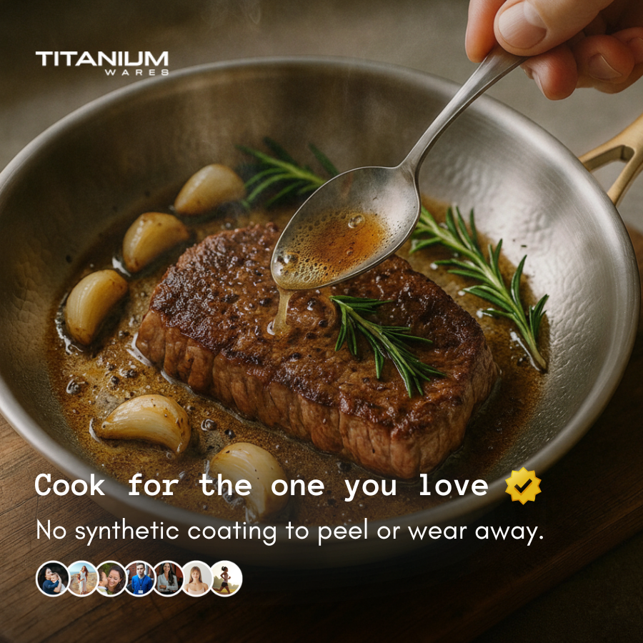 Steak searing in the Titanium Wares pure titanium frying pan