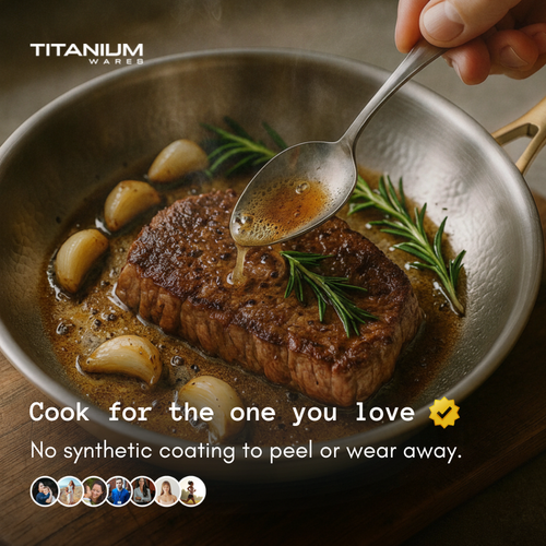 Steak searing in the Titanium Wares pure titanium frying pan