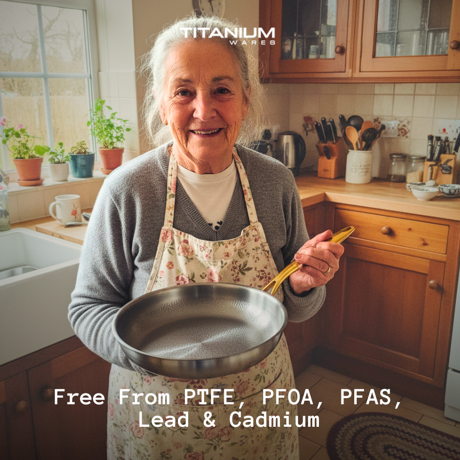 Titanium Wares frying pan with a PTFE-, PFOA- and PFAS-free titanium cooking surface