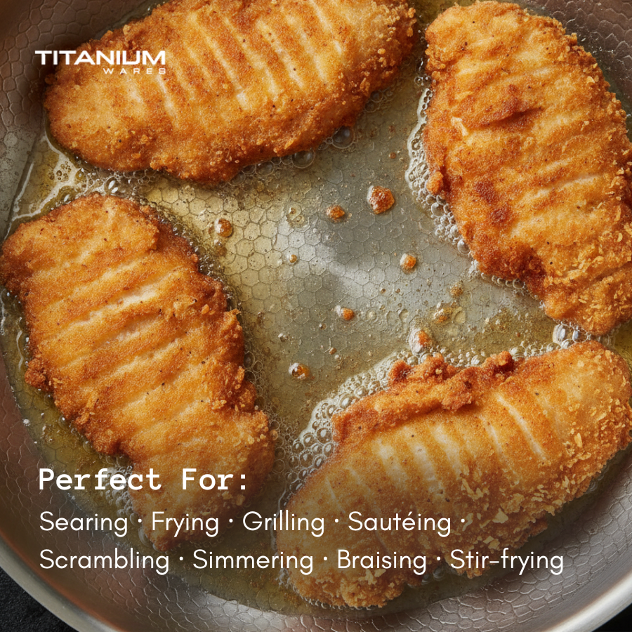 Crispy chicken frying in a pure titanium pan