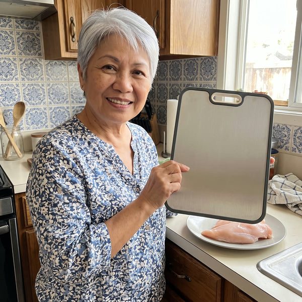 Home cook preparing food on a Titanium Wares cutting board