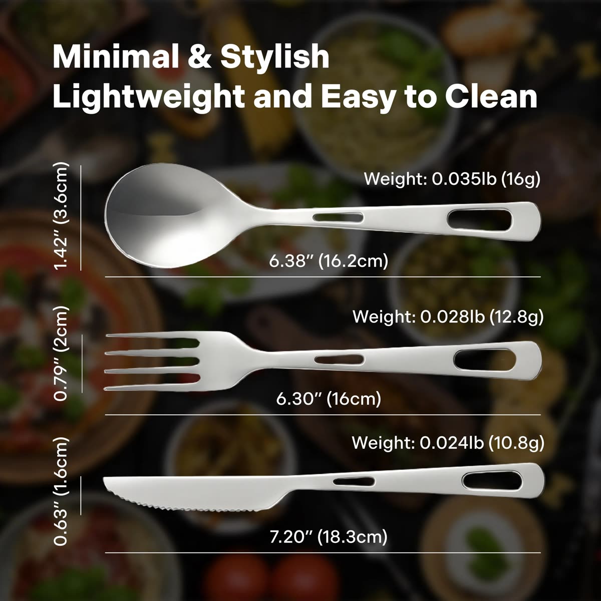 Minimal and stylish, lightweight and easy to clean: spoon, fork and knife sizes and weights