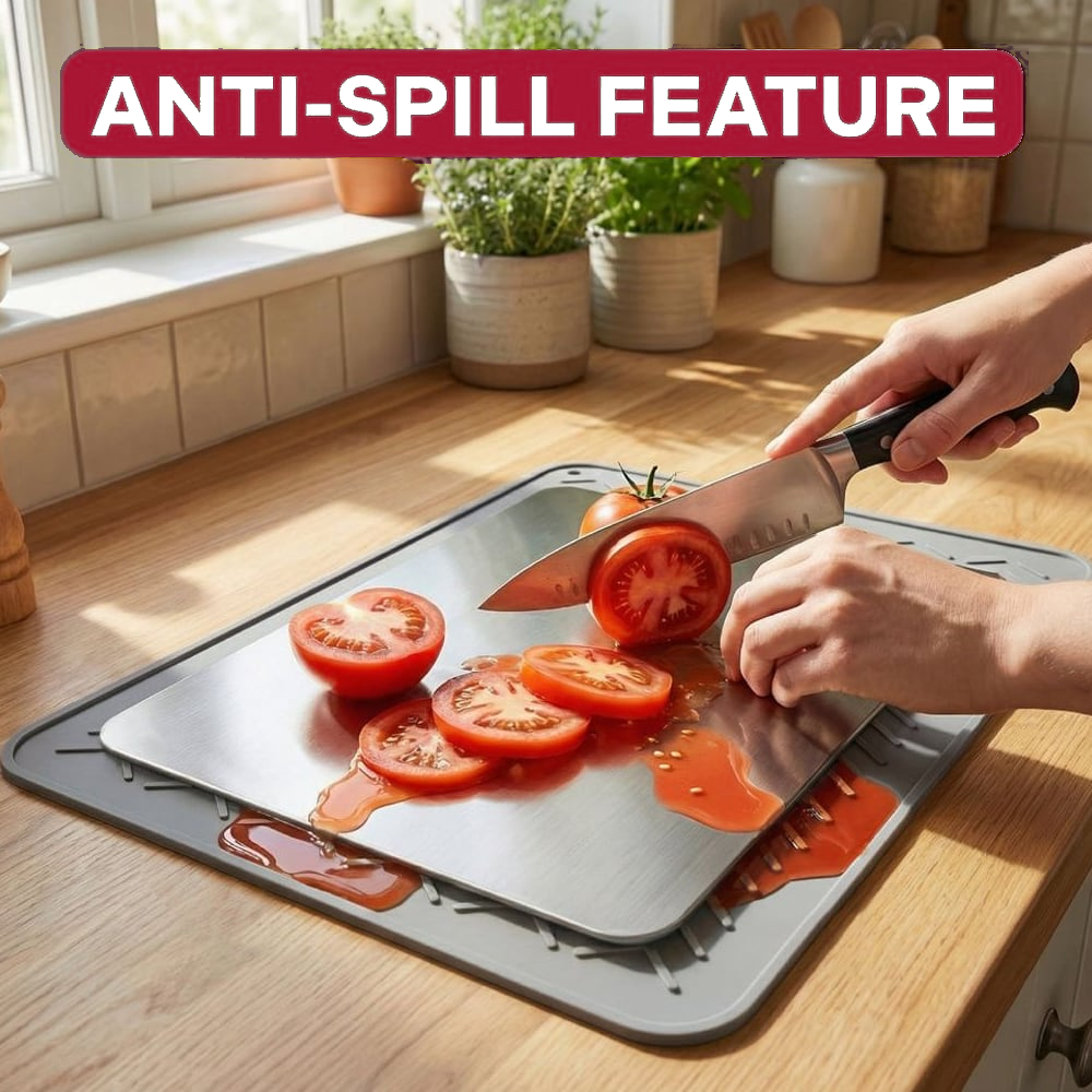 Slicing tomatoes on a board that stays put on the anti-slip mat