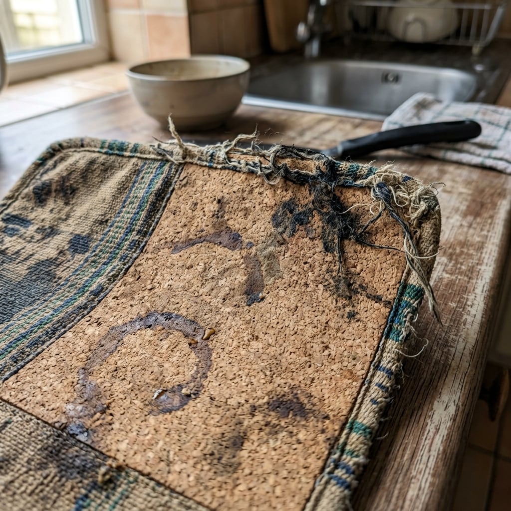Stained cork and fabric kitchen mat with water rings and frayed edges