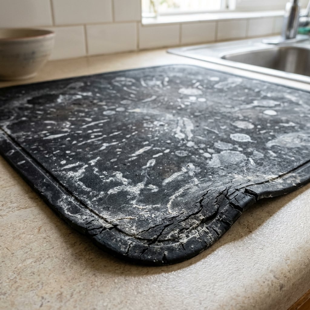 Old cracked rubber kitchen pad with water stains and limescale
