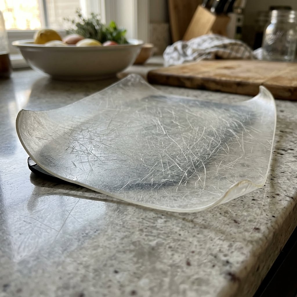 Thin plastic cutting mat curling up and covered in knife scratches