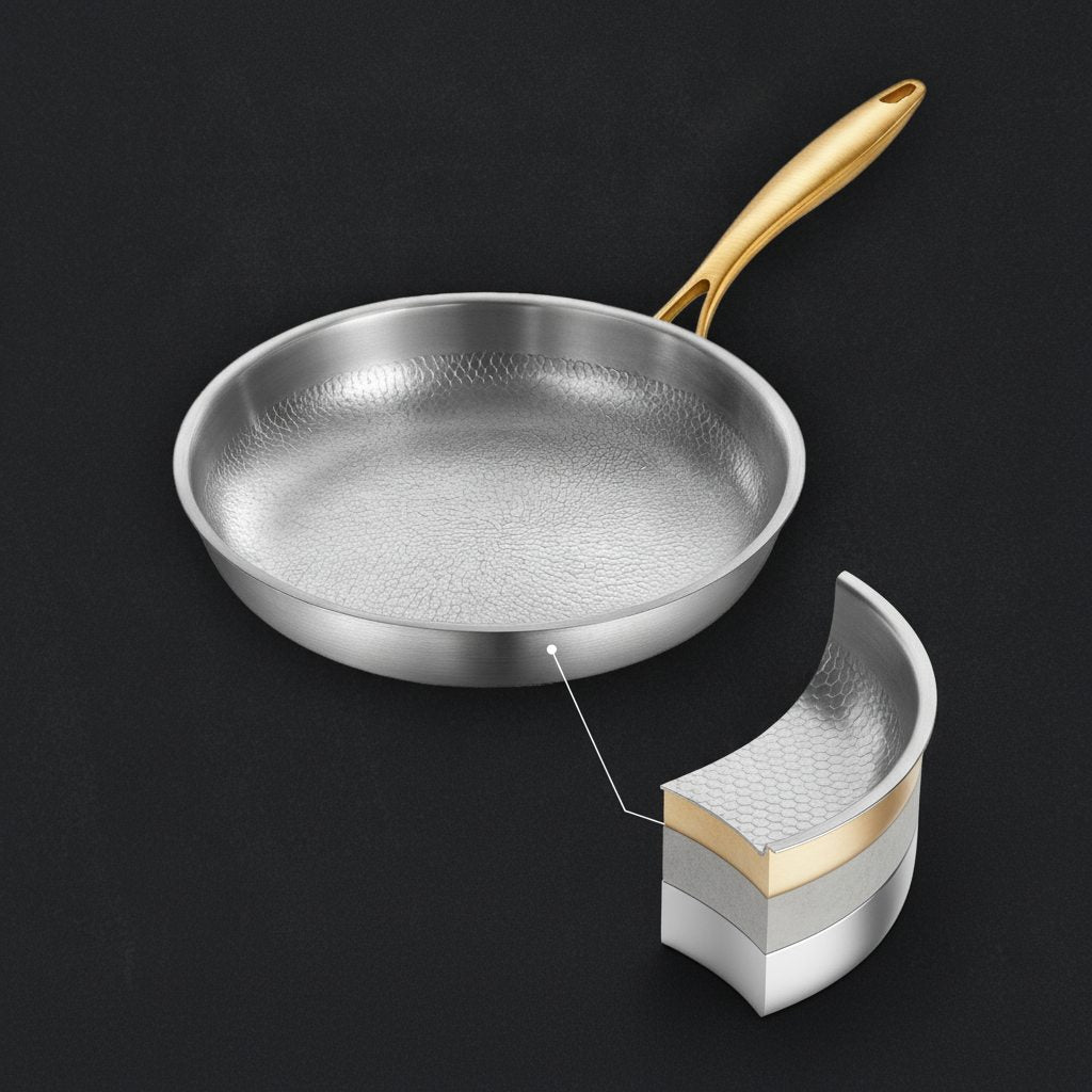 Titanium frying pan with a cut-away of its three layers