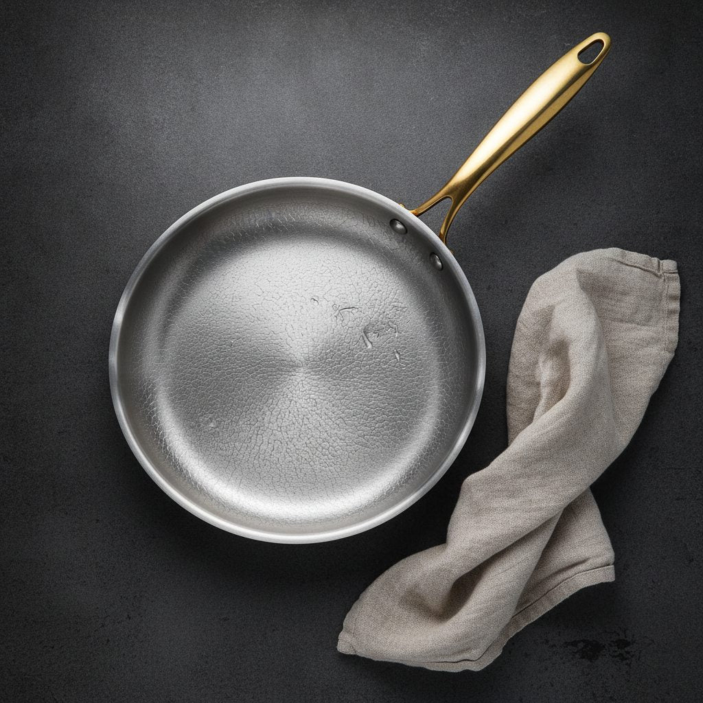 Clean hammered titanium cooking surface with water droplets