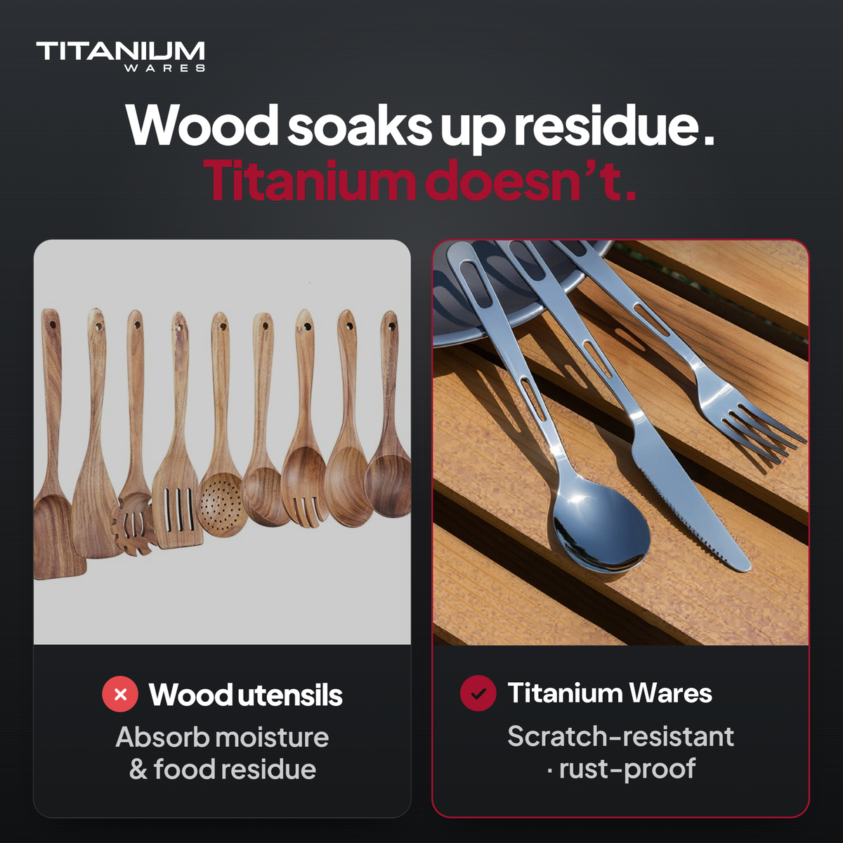 Titanium Wares titanium cutlery set compared with ordinary alternatives: Wood soaks up residue. Titanium doesn’t