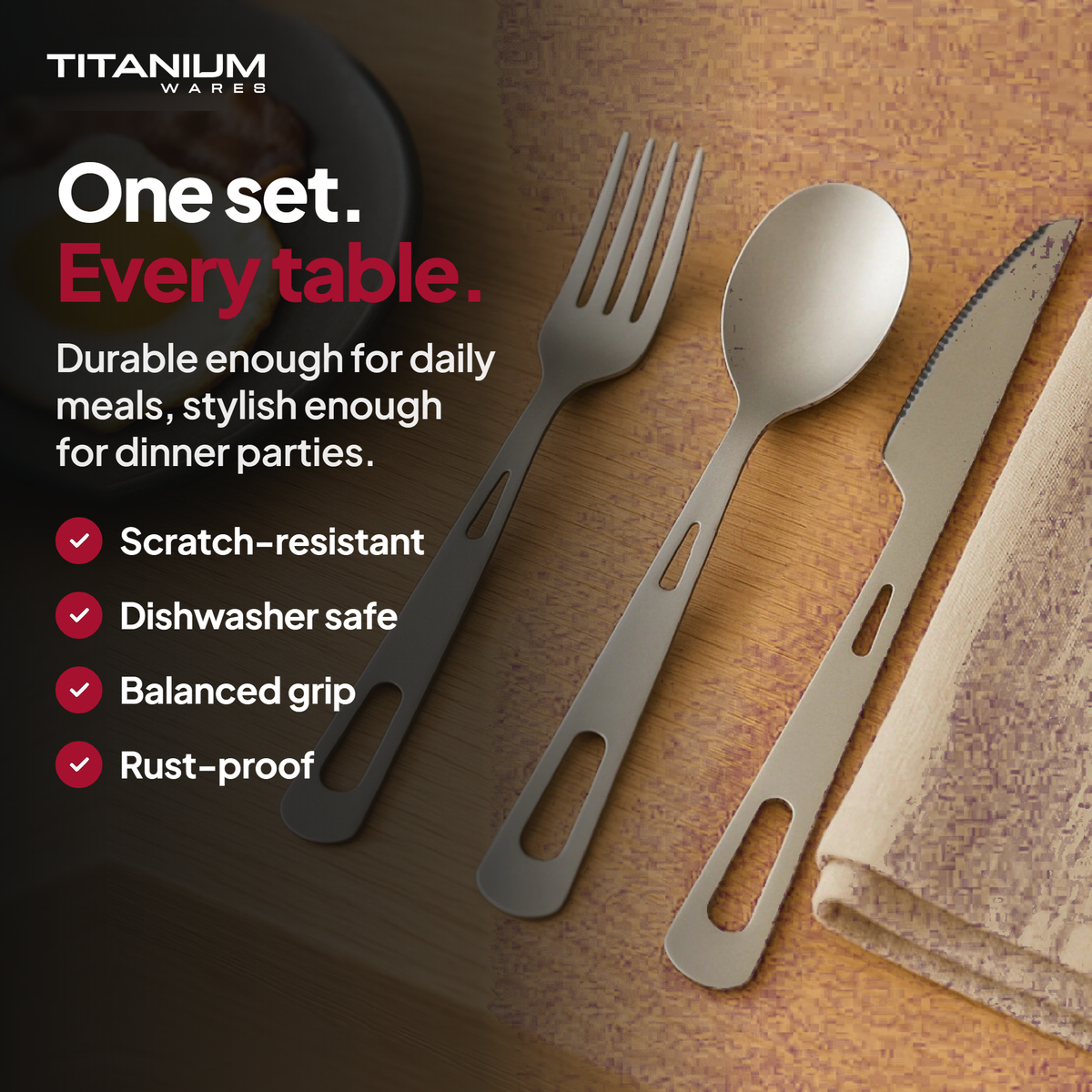 One set. Every table – Titanium Wares titanium cutlery set