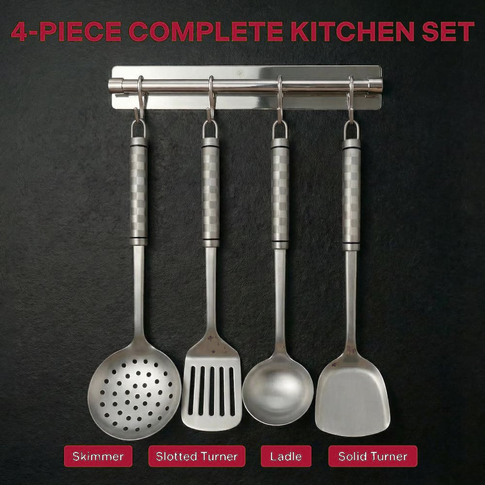 4-piece titanium kitchen utensil set on a rail: skimmer, slotted turner, ladle, solid turner