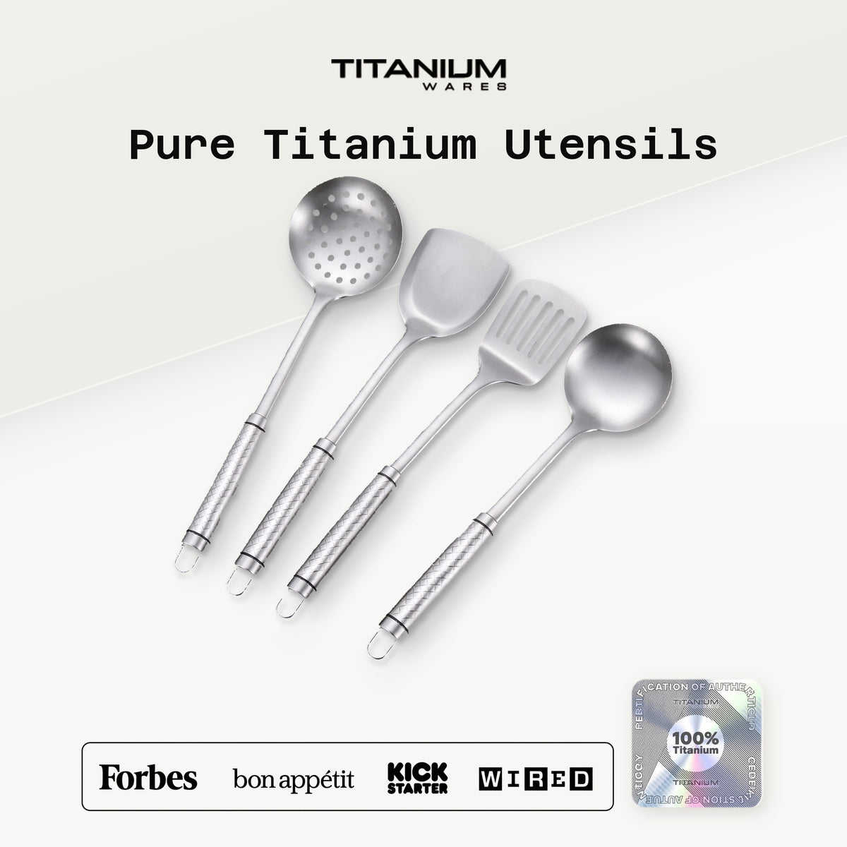 Titanium Wares pure titanium utensils: skimmer, wok turner, slotted spatula and ladle