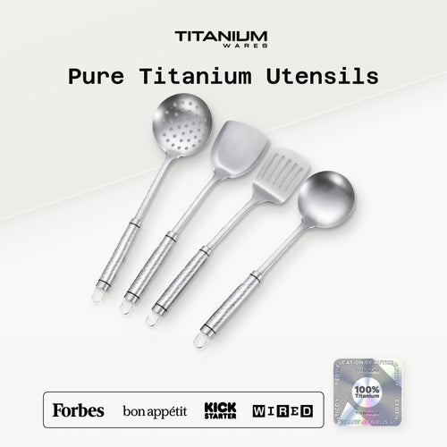 Titanium Wares pure titanium utensils: skimmer, wok turner, slotted spatula and ladle