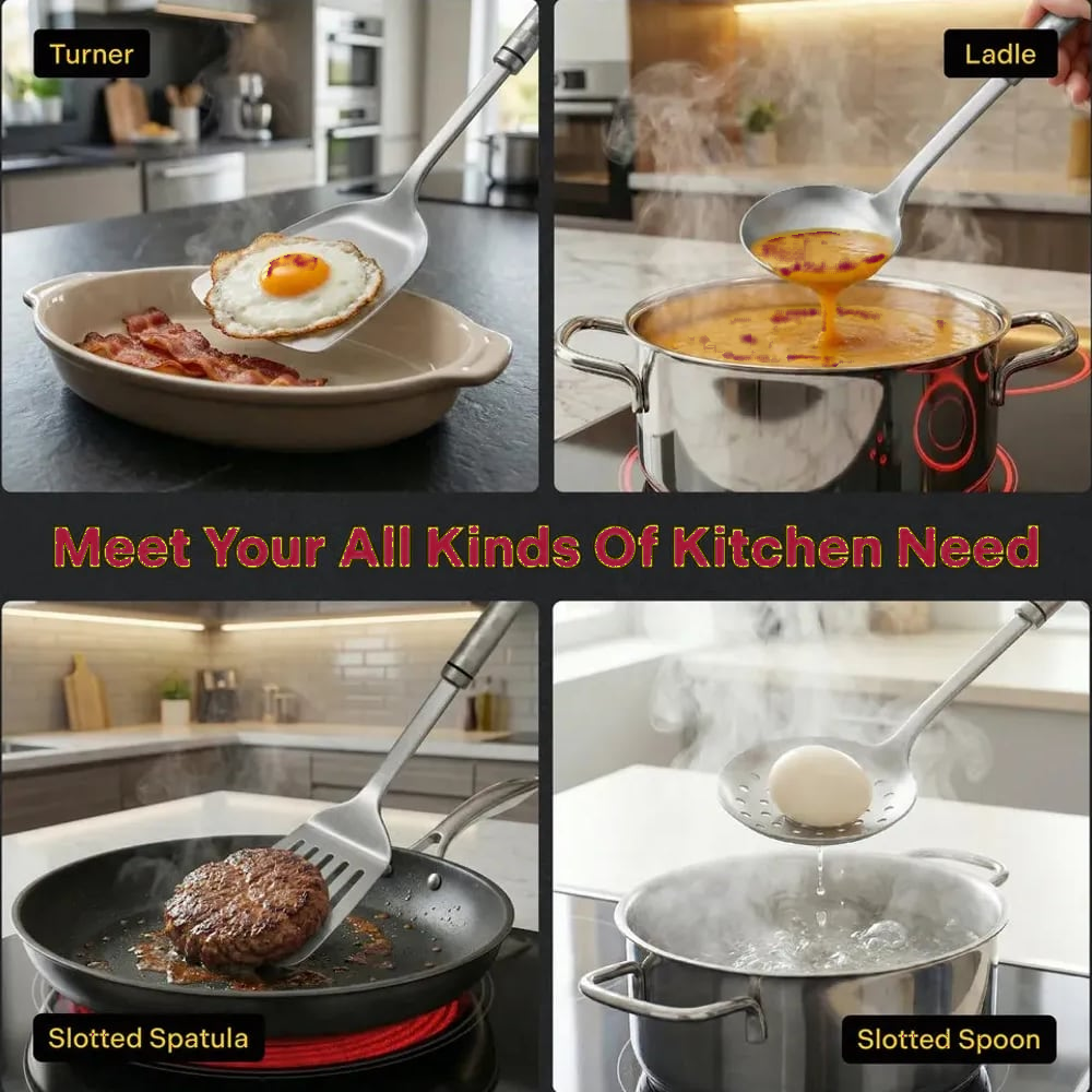 Titanium turner, ladle, slotted spatula and skimmer in use
