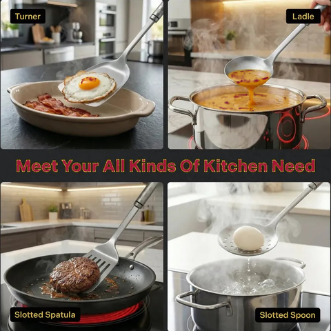 Titanium turner, ladle, slotted spatula and skimmer in use